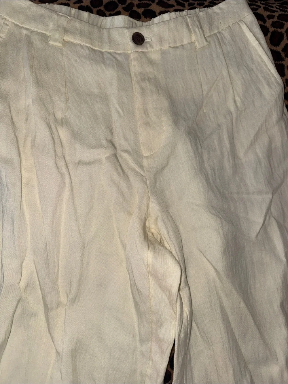 Light Cream Linen-Blend Trousers with Button Waist